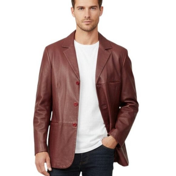 Vtg Kenneth Cole New York Mens Blazer Jacket Leather Coat Oxblood Burgundy XXL - Picture 1 of 16